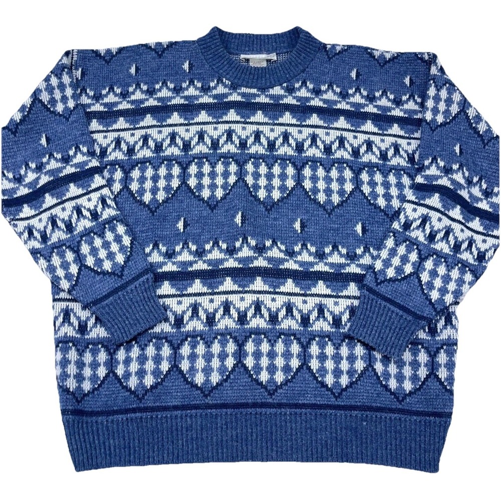 Vintage Cabin Creek Sweater Women Large Blue Grandma Nordic Boho Heart 90s Teach